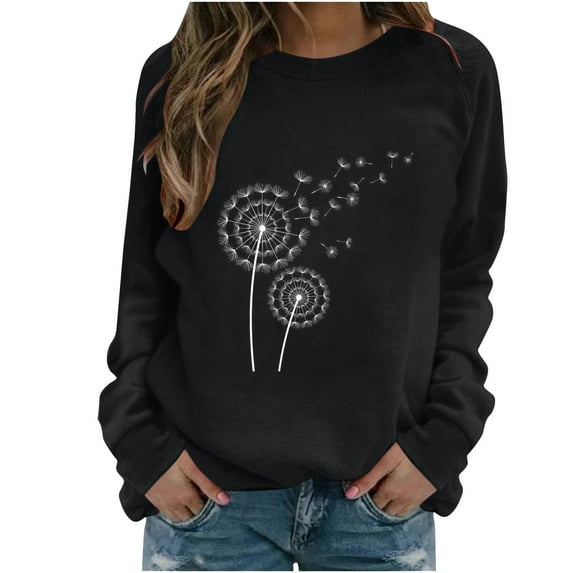 Bcresic Women Dandelion Graphic T-Shirts Long Length Sleeve Shirts Casual Round Neck Blouse Loose Tunic Tees Outfits Raglan Lightweight Sweatshirt 2025 Fashion Outfit,#04_Solid Black,Medium