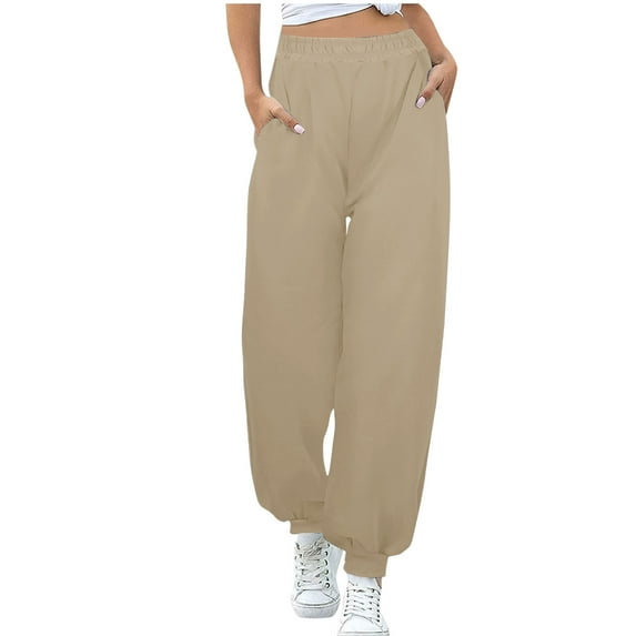 Bcresic Women High Waist Sweatpants with Pockets no String Casual Solid Color Cinch Bottom Sweatpant Trendy Lounge Joggers Pants Walkout Athletic Tapered Trouser,Khaki,Large