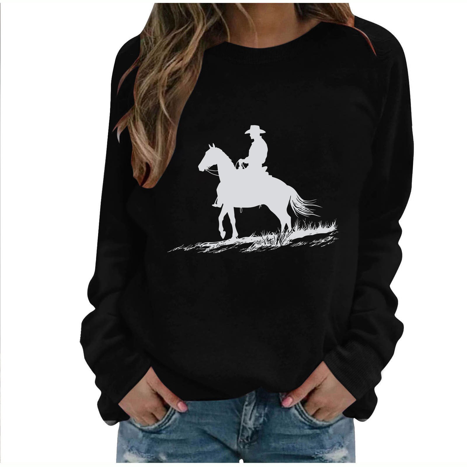 Bcresic Women Tshirt Cowboy Silhouette Graphic Tops Comfy Long Sleeve