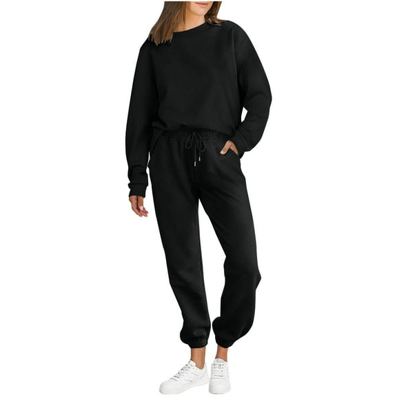 Bcresic Women's 2 Piece Lounge Sets Outfits Long Sleeve Sweatshirt and Sweatpants Crewneck Sweatsuit Drawstring Joggers Elastic Waist Pants Two Pieces Set with Pocket,Black,Medium