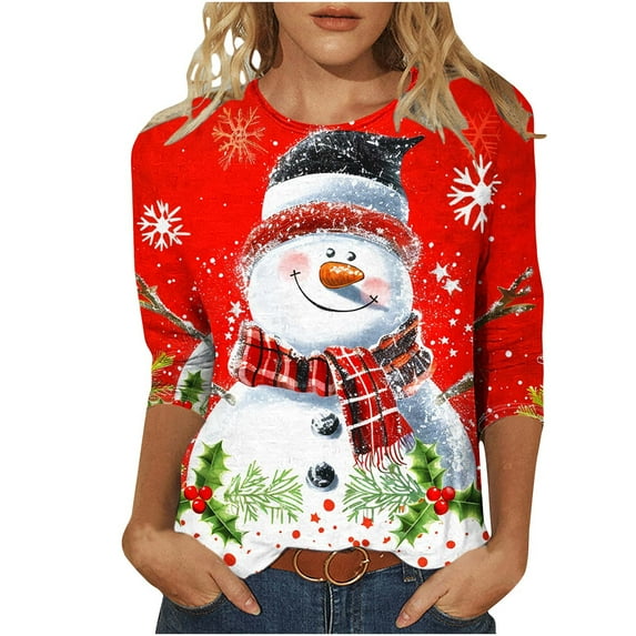 Bcresic Women's Christmas Snowman Tops Womens Crewneck 3/4 Sleeve Tshrit Cute Xmas Tree Snowflake Graphic Shirts Trendy Festival Printed Tunic Top Fall Basic Tee Casual Blouses,Red,X-Large