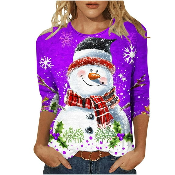Bcresic Women's Christmas Snowman Tops Womens Crewneck 3/4 Sleeve Tshrit Cute Xmas Tree Snowflake Graphic Shirts Trendy Festival Printed Tunic Top Fall Basic Tee Casual Blouses,Purple,Small