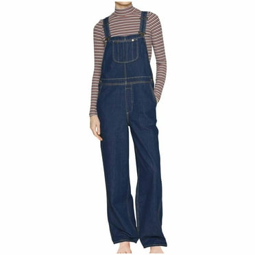 Bcresic Women's Denim Bib Overall Casual Stretch Adjustable Jeans Jumpsuits Wide Leg Trousers Straight Palazzo Cowboy Buttom with Pockets Trendy Clothes Saving,Dark Blue,Small