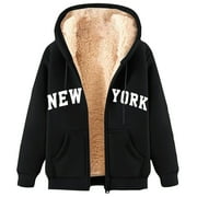Bcresic Women's Sherpa Fleece Lined Hoodie Zip Up Winter Warm Letter Hooded Sweatshirts Cozy Fluffy Jacket Coat(Black,XXXL)