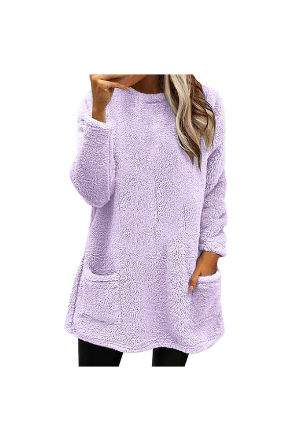 Women's Sherpa Fuzzy Sweatshirts Long Sleeve Fleece Pullover Shirts Fall Winter Crewneck Faux Shearling Jumper Tunics Tops with Pockets Loose Comfy Soft Loungwear Outerwear,Purple,XX-Large