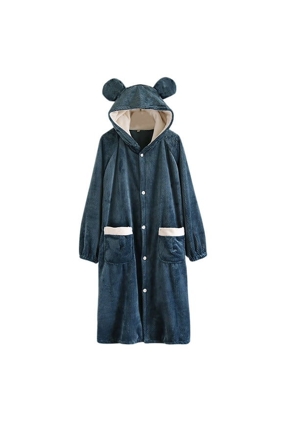 Women's Sherpa Hooded Bathrobe with Bear Ears - Mens Plush Animal Robe Winter Warm Sleepwear Thick Fleece Nightgown with Pocket for Unisex Clearance Saving,Green,Large