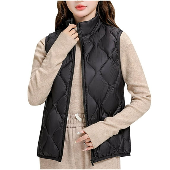 Bcresic Women's Vest, Quilted Puffer Vests Zip Up Cropped Jacket Sleeveless Coat Stand Collar Waistcoat Lightweight Padded Gilet Winter Down Jackets with Pockets Saving,Black,Large