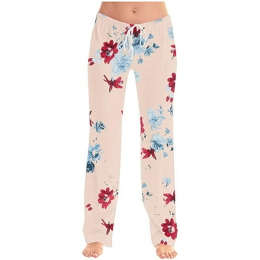 Bcresic Women's Vintage Floral Printed Baggy Bottom Casual Wide Leg Straight Trousers Trendy Athletic Joggers Running Pants Loose Drawstring Sweatpant with Pockets,Beige,XX-Large