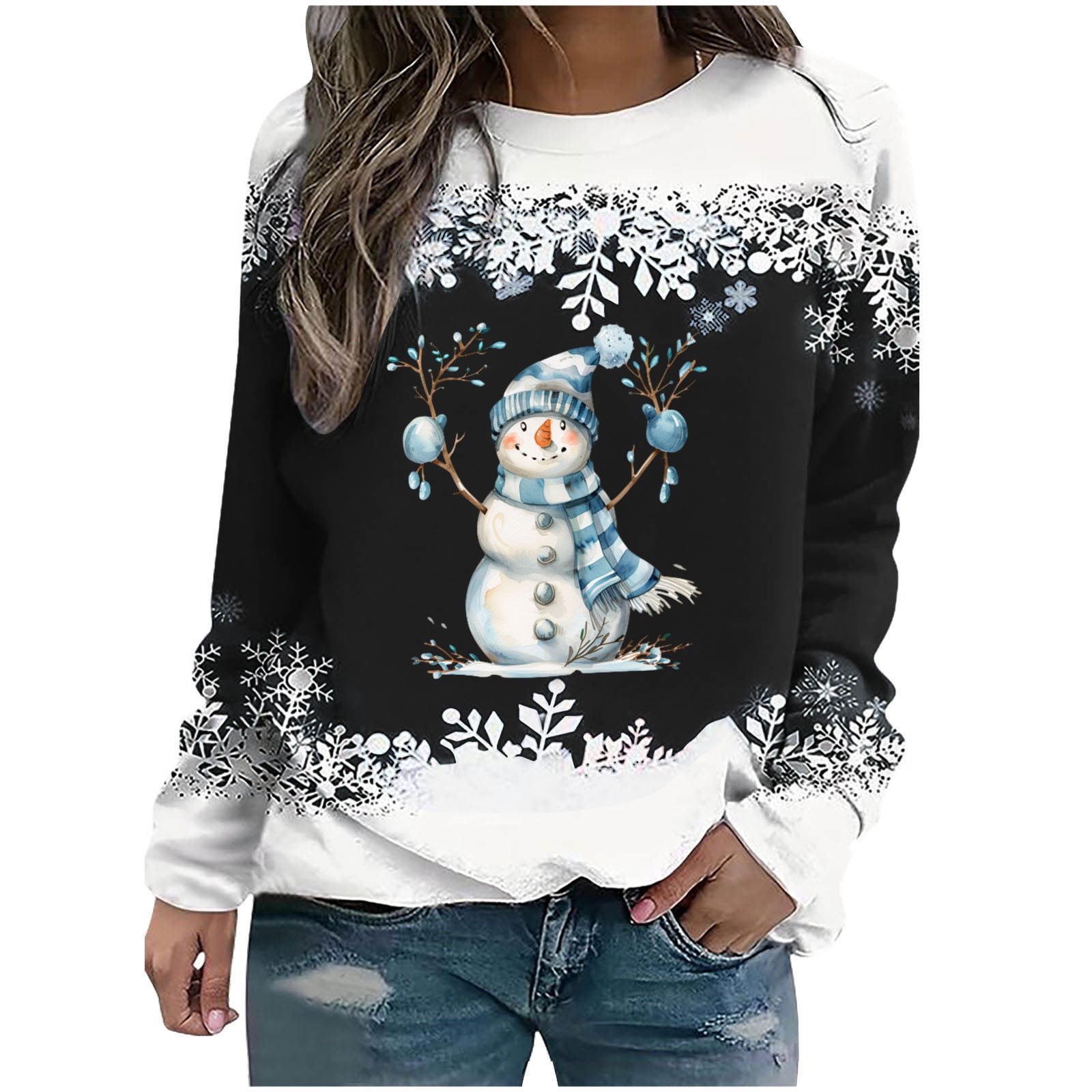 Plus Size Christmas Shirts For Women Cute Snowman Graphic Tee Fall Long Sleeve Tops Casual Pullover Shirts