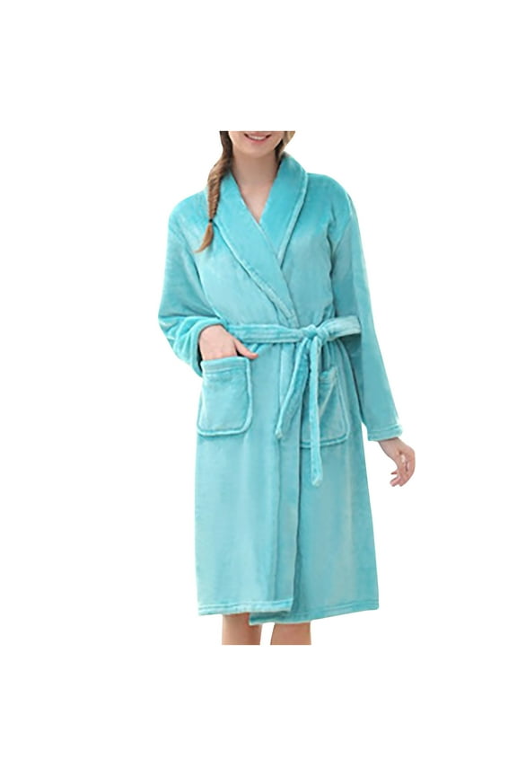 Womens Plush Fleece Robe Plus Size, Winter Warm Bathrobes Fuzzy Hooded Bathrobe Female Spa Robes Soft Nightgowns Cute Sleep Shirts with Pocket for Unisex Clearance Saving,Sky Blue,Medium