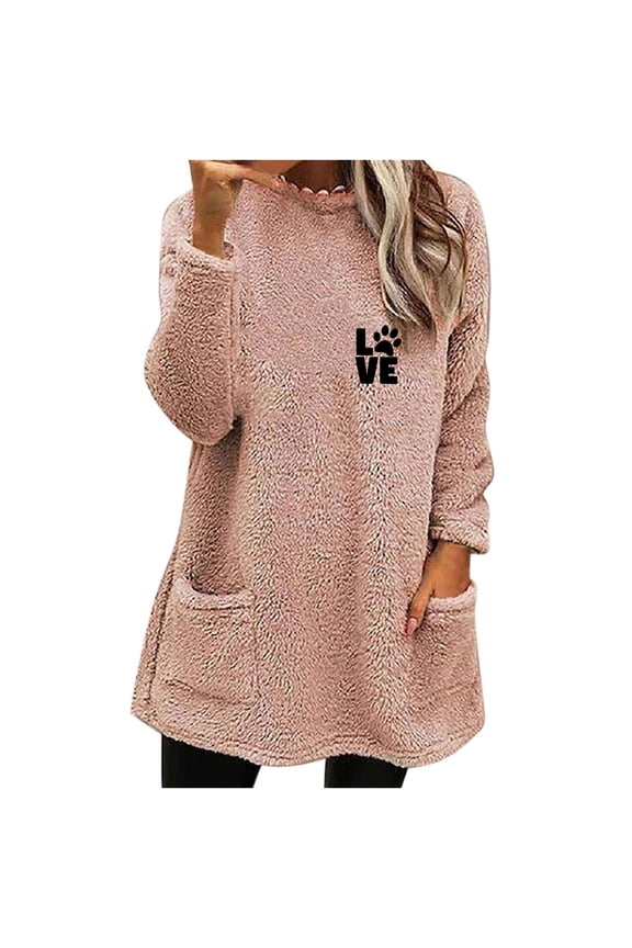 Womens Sherpa Pullover Sweater Fuzzy Fleece Sweatshirt Fashion Round Neck Long Sleeve Shirts Winter Thickened Warm Tunics Sweatshirts Faux Fur Fluffy Outerwear Loungwear,#02_Pink,XX-Large