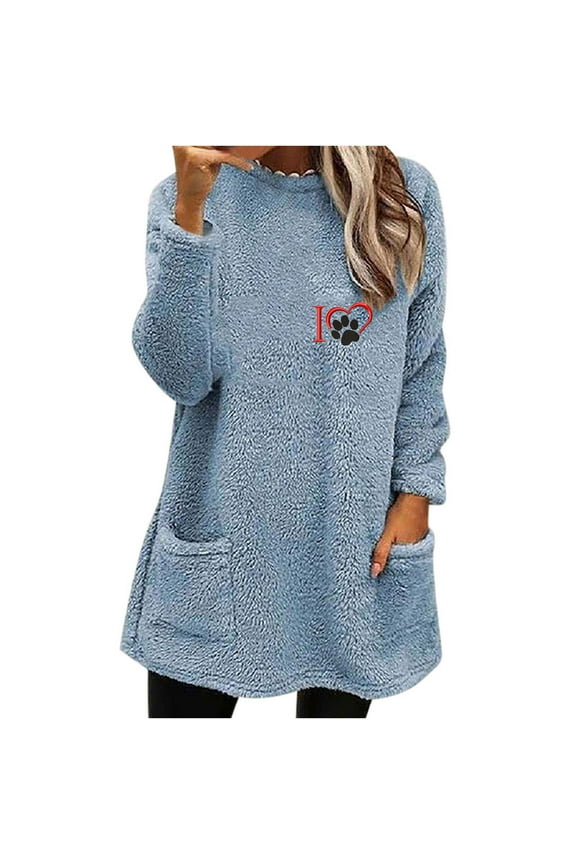 Womens Sherpa Pullover Sweater Fuzzy Fleece Sweatshirt Fashion Round Neck Long Sleeve Shirts Winter Thickened Warm Tunics Sweatshirts Faux Fur Fluffy Outerwear Loungwear,#01_Blue,XX-Large