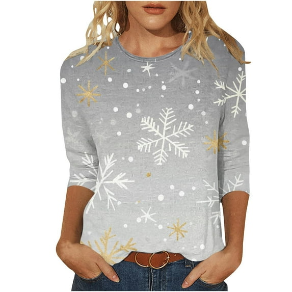 Bcresic Xmas Snowflake 3/4 Sleeve Shirts for Christmas Womens Casual Crewneck Tunic Tops Classic Basic Tees Cute Christmas Printed T-Shirts Loose Comfy Blouse Pullover Top,01C_Gray,Large
