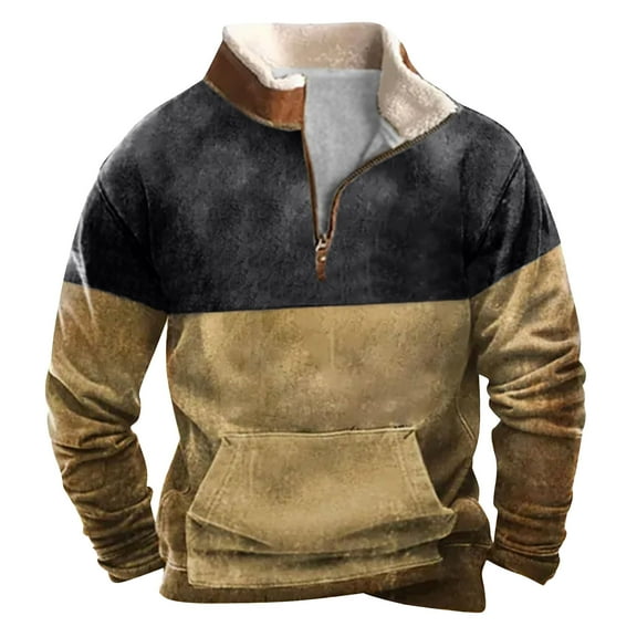 Bcresic Mens Vintage Sweatshirt Stand Collar Pullover Tops Half Zip-Up Long Sleeve Hoodless Blouse with Pocket Lightweight Patchwork Sweatshirts with Pockets,Dark Gray 01,XX-Large