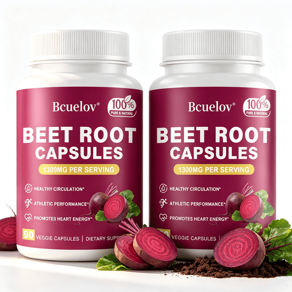 Bcuelov Beet Root Capsules 1300mg Blood Pressure Energy Endurance Support Vegan Gluten-Free 90 Count 2Pack