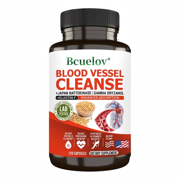 Bcuelov Blood Vessel Cleanse Capsules, 120 Count - with 2000 FU Nattokinase, Gamma Oryzanol & Elastin F, Supports Circulation & Vessel Health, 2-Month Supply