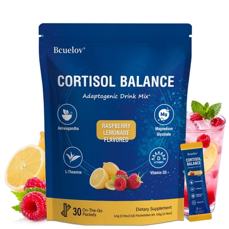 Bcuelov Cortisol Powdered Drink Mix, with Magnesium Glycinate, for Relaxation, 30 Ct
