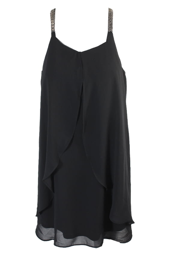 Black Tiered Beaded Strap Chiffon Dress M