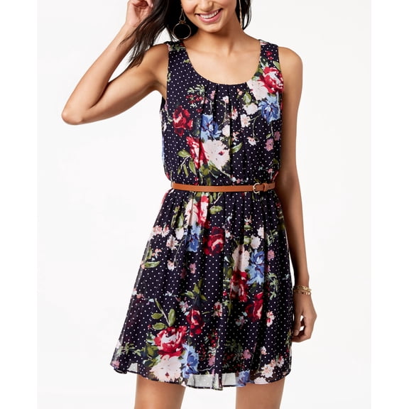 Bcx Juniors Belted Printed Dress Navy Dot Floral XL
