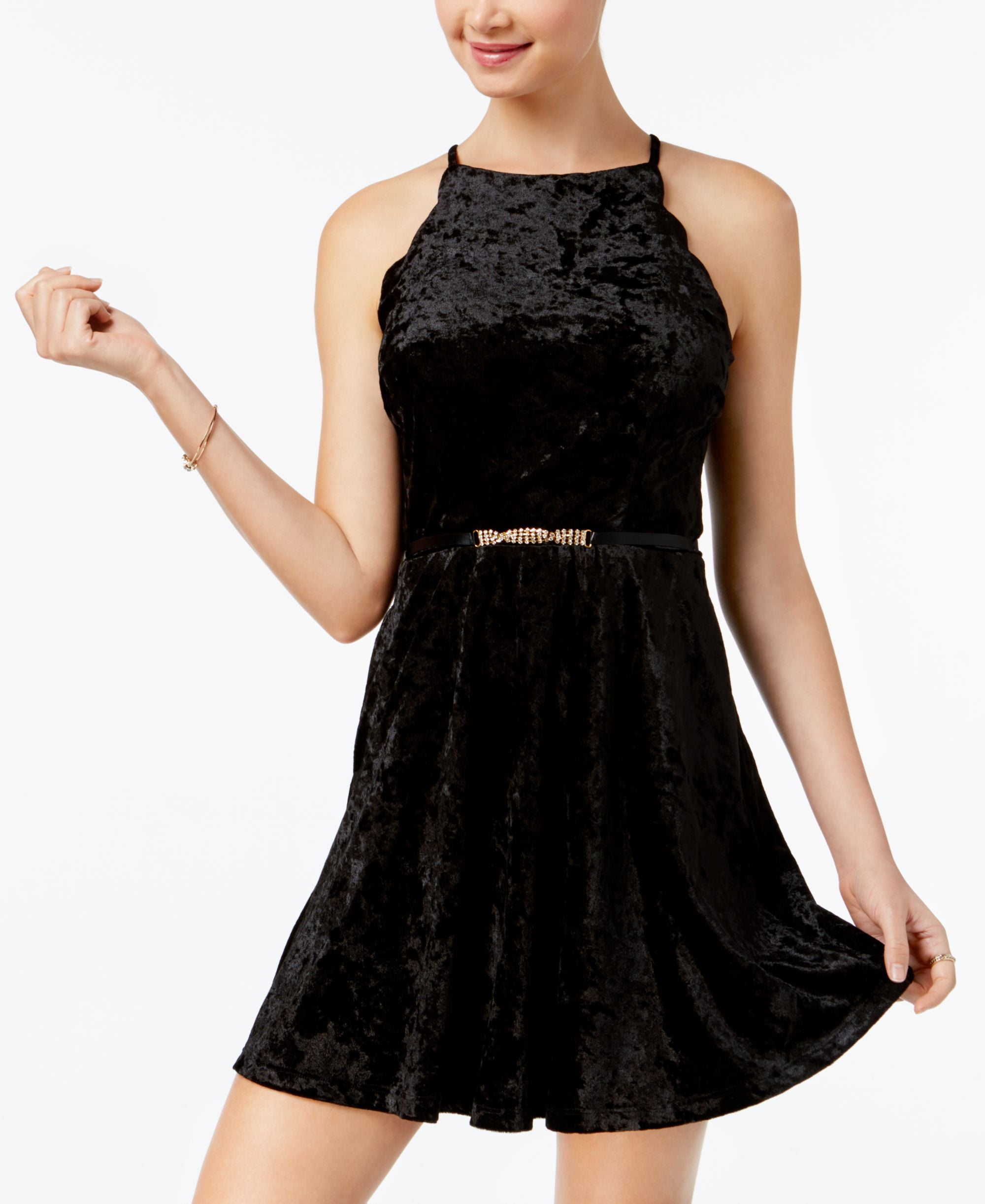 Bcx Juniors' Belted Velvet Fit & Flare Dress - Black 0