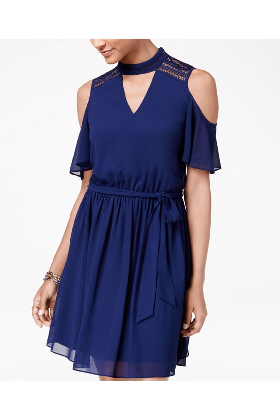 Juniors Cold Shoulder Choker Dress Navy XL