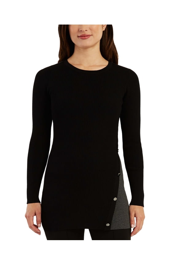 Juniors Colorblocked Ribbed Button-Trim Sweater, Charcoal, Medium