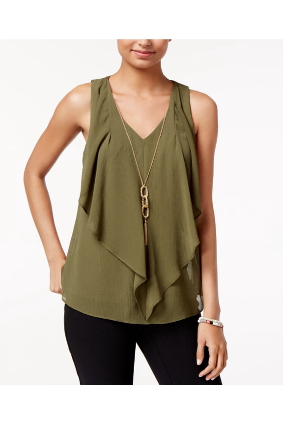 Juniors Cutout Ruffled Necklace Tank Top Olive M