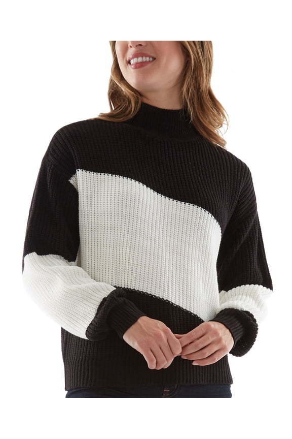 Juniors Diagonal Colorblocked Sweater, Black/White, Small