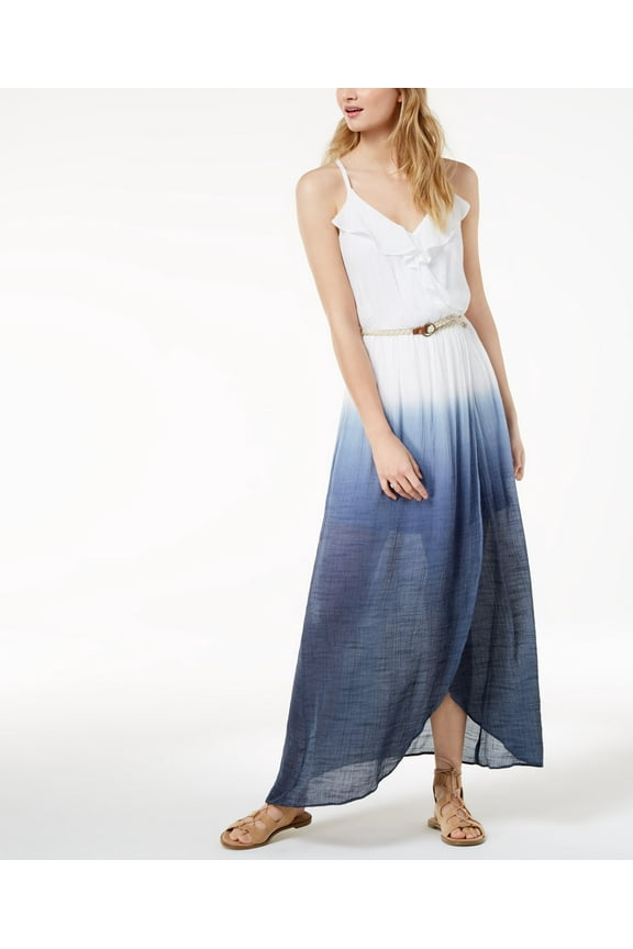 Juniors Dip Dyed Wrap Maxi Dress With Belt White Navy XS