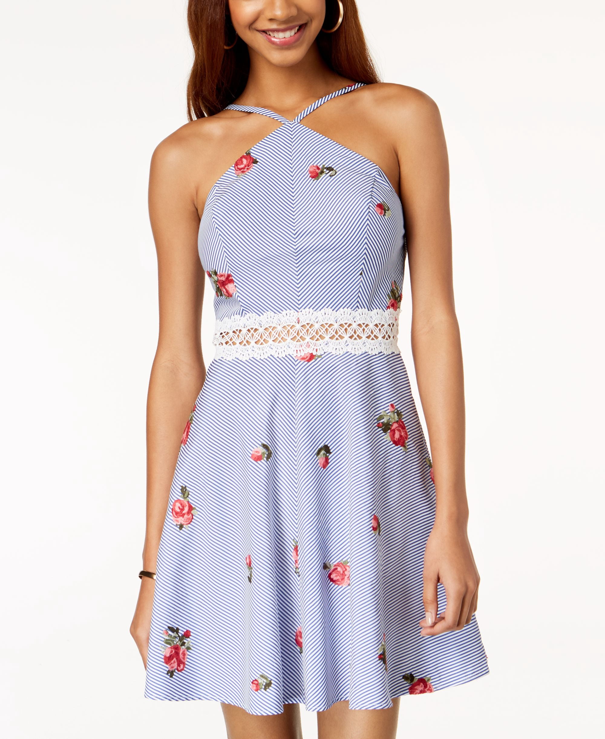 bcx blue dress Juniors Embroidered Crochet Inset Stripe 9 Black Dress and Red primary-color-yellow or chic BCX DRESS Length:Tall