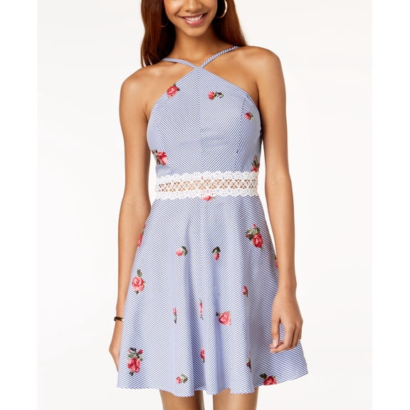 Bcx Juniors Embroidered Crochet Inset Dress Blue Stripe 9