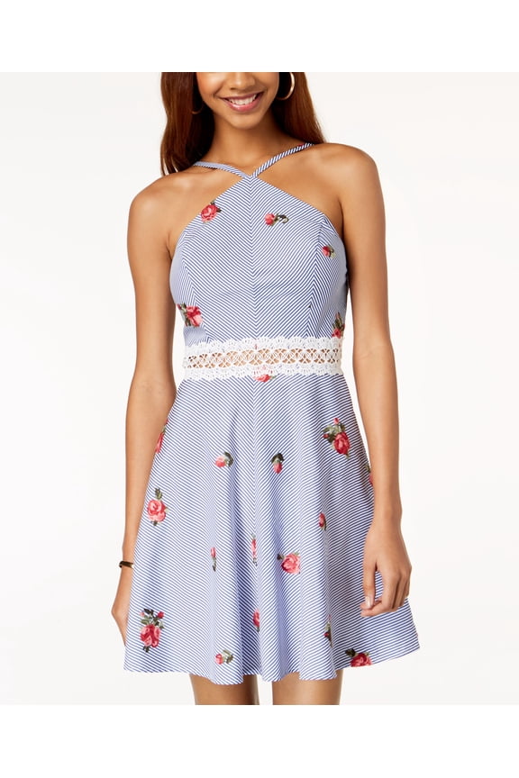 Juniors Embroidered Crochet Inset Dress Blue Stripe 9