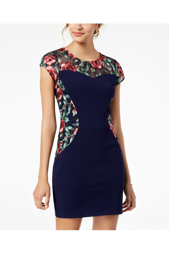 Juniors Embroidered Illusion Contrast Bodycon Dress Navy 1