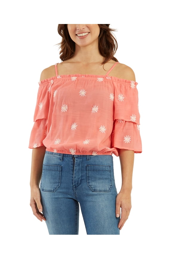 Juniors' Embroidered Off-The-Shoulder Top Orange XS