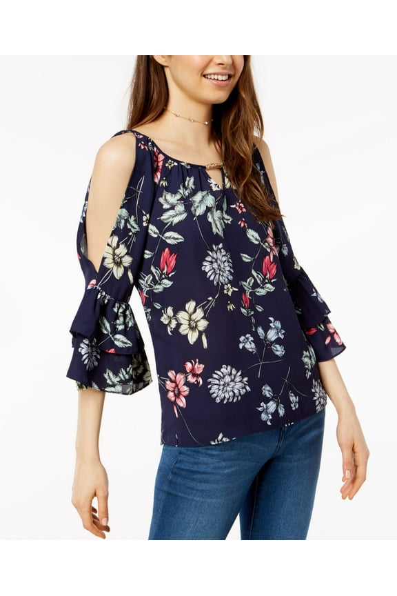 Juniors Floral Print Bell Sleeve Top Navy Island Floral XS