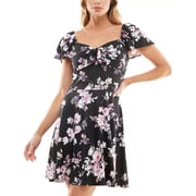 Bcx Juniors  Floral-Print Flutter-Sleeve Fit & Flare Dress, Black/Purple, Small