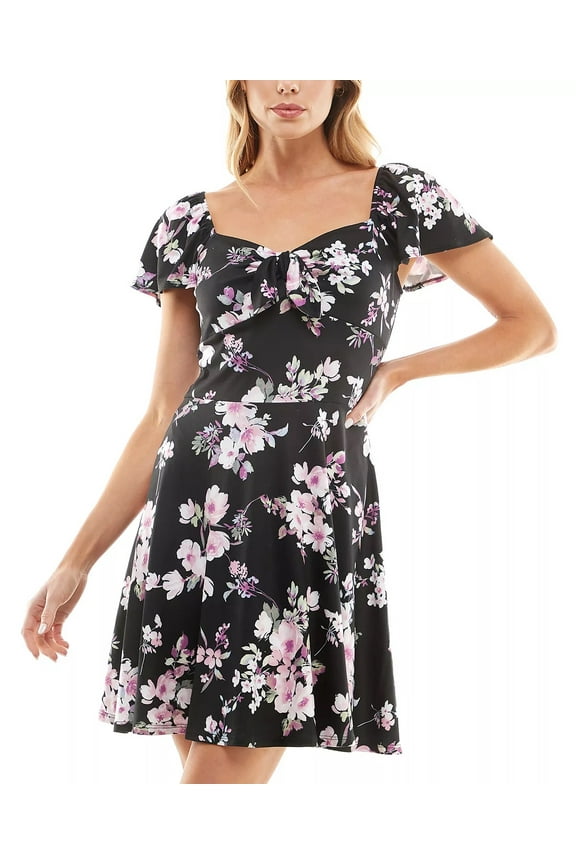 Juniors Floral-Print Flutter-Sleeve Fit & Flare Dress, Black/Purple, Small