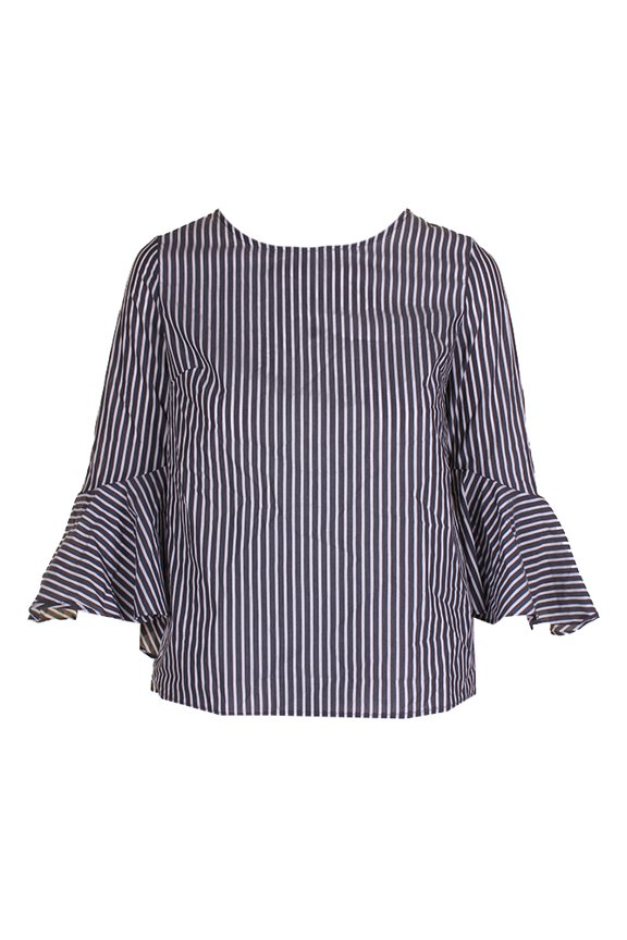 Juniors Grey White Striped Ruffled Bell Sleeve Tied V-Back Straight Hem Top