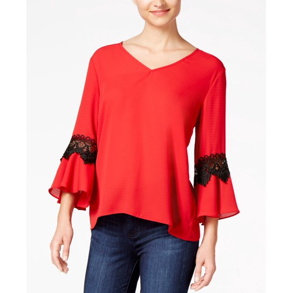 Bcx Juniors Lace Trimmed Bell Sleeved Top Red XS