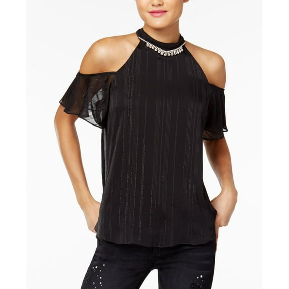 Bcx Juniors Metallic Stripe Rhinestone Cold Shoulder Top Black XS