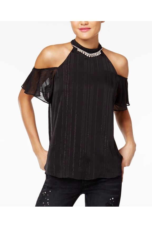 Juniors Metallic Stripe Rhinestone Cold Shoulder Top Black XS