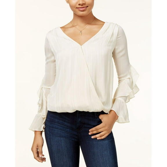 Bcx Juniors Metallic Striped Ruffled Surplice Top White 2XS