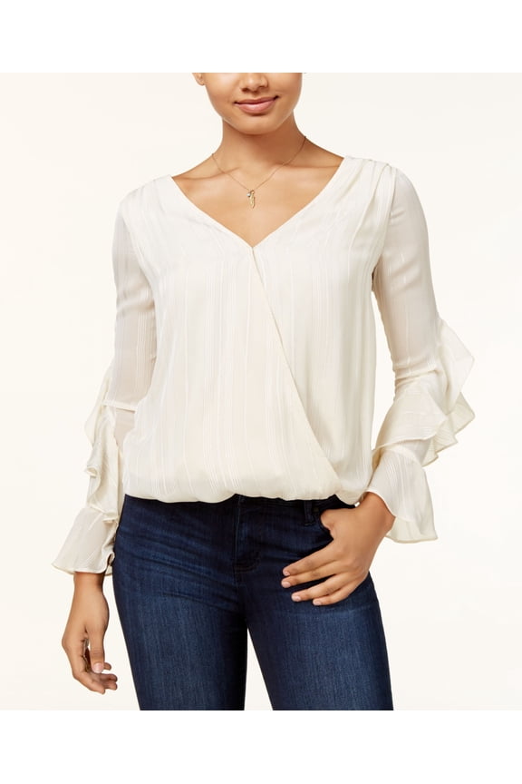 Juniors Metallic Striped Ruffled Surplice Top White 2XS