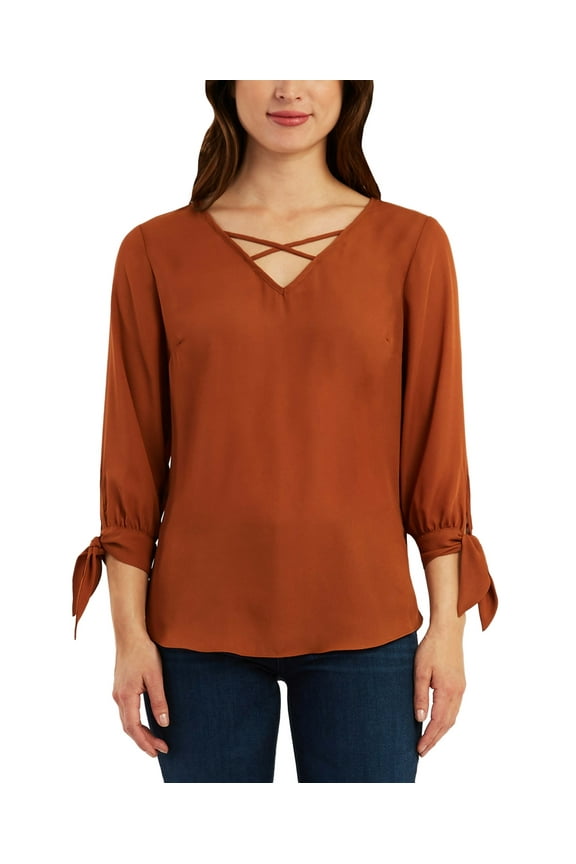 Juniors Mixed-Materials 3/4-Sleeve Top, Caramel, XS