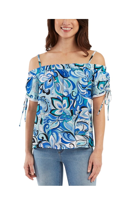 Juniors' Off-The-Shoulder Drawstring-Sleeve Top Blue Print XS