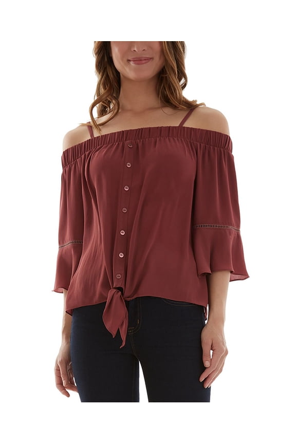 Juniors' Off-The-Shoulder Tie-Hem Top, Size X-Small Mulberry
