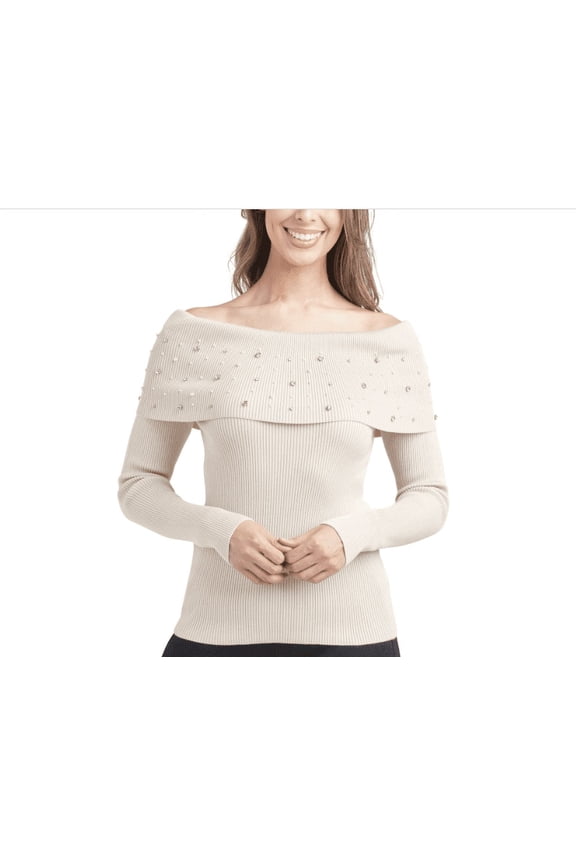 Juniors' Off-the-Shoulder Embellished Long-Sleeve Sweater - Champagne