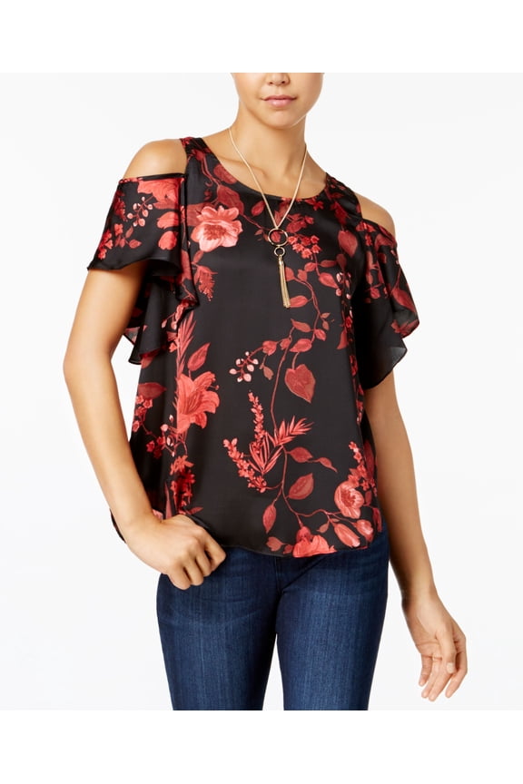 Juniors Printed Cold Shoulder Top Black/Red Multi M