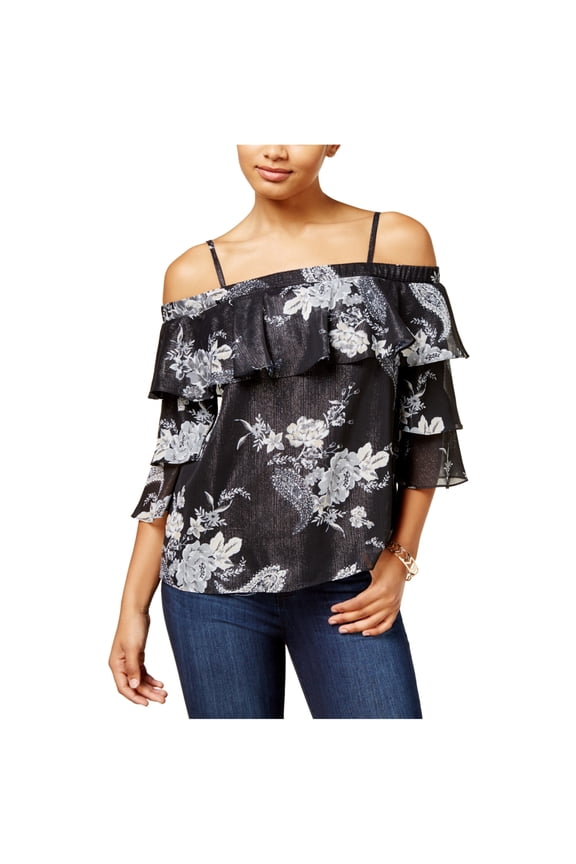 Juniors Printed Metallic Off The Shoulder Top Printed Sheers XL
