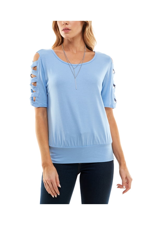 Juniors Round-Neck Lattice-Elbow-Sleeve Knit Top, Blue, XL